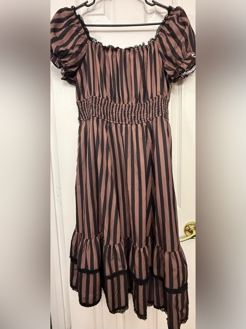 Striped Puff Sleeve Midi Dress in Brown and Black
